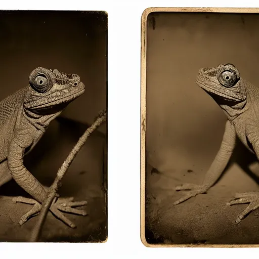 Image similar to wet plate photograph of a chameleon, daugerrotype, collodion photography