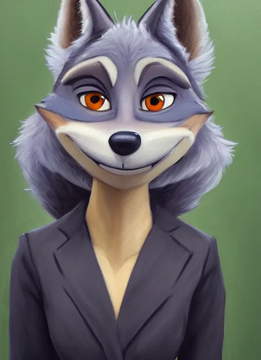 Image similar to oil painting of anthromorphic female wolf, in style of zootopia, female fursona, furry, furaffinity, 4 k, deviantart, furry art, fursona art, wearing black business suit, business suit, wolf fursona, female, very expressive detailed feminine face,