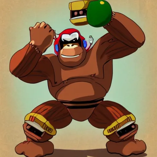 Image similar to Donkey Kong fighting with a robot, in the style of studio ghibli