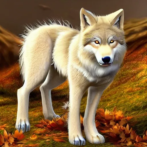 Image similar to professional stylized full - body digital art of a side profile of a cream tibetan wolf, tan and light brown accents, fluffy, falling leaves, hd, 8 k, highly detailed, high quality, cute