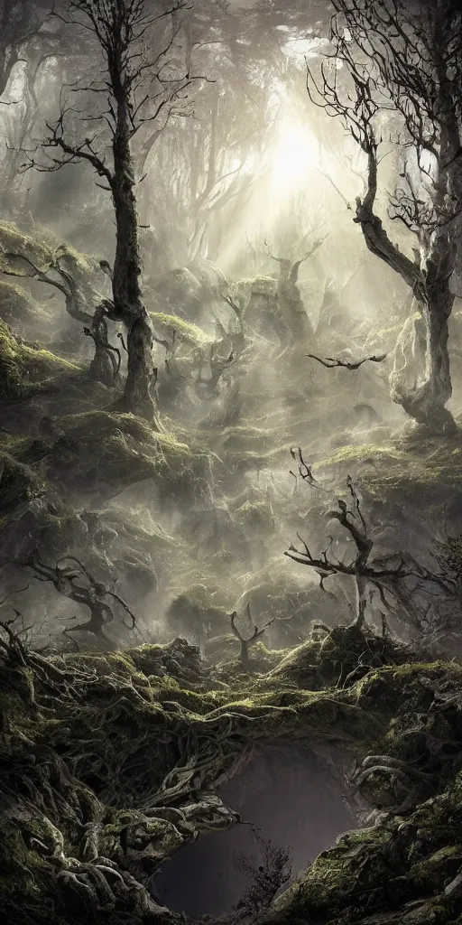 Prompt: a mysterious sinkhole, a vast hole in the ground, by an ancient forest of gnarled trees leading up to a mountain, an ecological gothic scene, a bewitching darkness, witch runes in the deep forest surrounding the sinkhole, magical clearing, sunshafts, dramatic lighting, dust motes floating in the sunlight, 4 k concept art