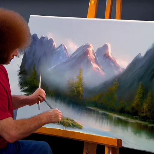 Image similar to a closeup photorealistic photograph of bob ross working on a canvas painting of spiderman. film still. brightly lit scene. mountains and trees. this 4 k hd image is trending on artstation, featured on behance, well - rendered, extra crisp, features intricate detail, epic composition and the style of unreal engine.