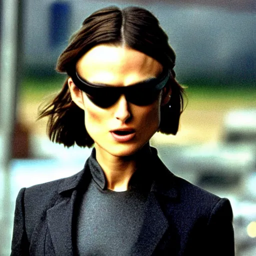 Prompt: A still photograph of Keira Knightley as Trinity in The Matrix