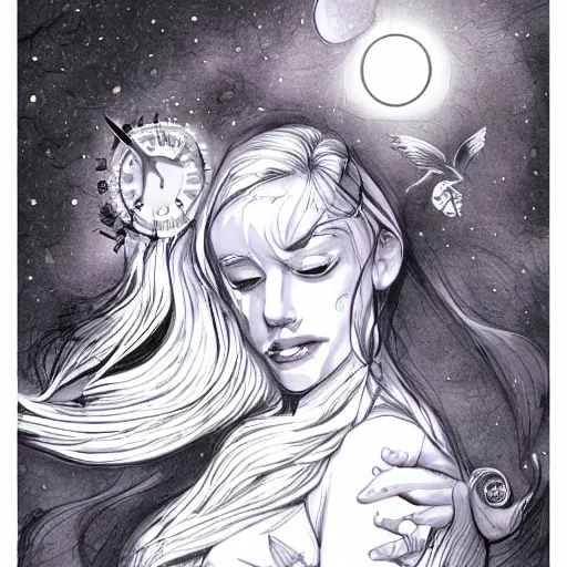 Image similar to 🛌🌘🌌🪐, dream weaver, artstation, digital art, pencil illustration, comic art