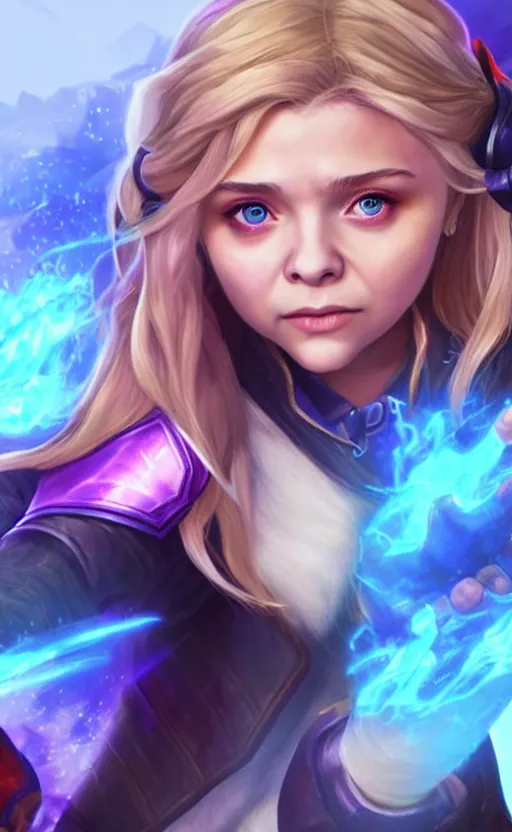 Image similar to Chloë Grace Moretz as a character in the game League of Legends, with a background based on the game League of Legends, detailed face, old 3d graphics