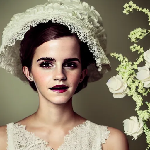 Prompt: on textured paper full body fashion model emma watson smokey eyes makeup eye shadow fantasy, glow, shimmer as victorian woman in a long white frilly lace dress and a large white hat having tea in a sunroom filled with flowers, roses and lush fern flowers ,intricate, night, highly detailed, dramatic lighting , high quality