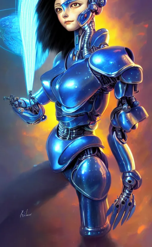 Prompt: character design, concept art, cyborg, armor with long blue light sapphires blue lines, battle angel alita. by rembrandt 1 6 6 7, illustration, by konstantin razumov, sci - fi, frostine engine, vibrant colors, fractal flame, crystalized, by wlop