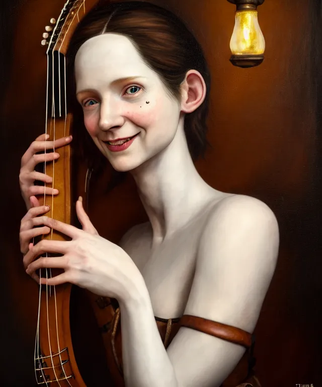 Image similar to hyperrealistic mixed media painting of a young beautiful pale-skinned grinning female bard, dimly lit cozy tavern, leather tunic, confident relaxed pose, dark hair, musical lute in hand, d&d, stunning 3d render inspired art by Tim Okamura and Lise Deharme + perfect facial symmetry + dim volumetric lighting, 8k octane beautifully detailed render, post-processing, extremely hyperdetailed, intricate, epic composition, grim yet sparkling atmosphere, cinematic lighting + masterpiece, trending on artstation, very very detailed, masterpiece, stunning