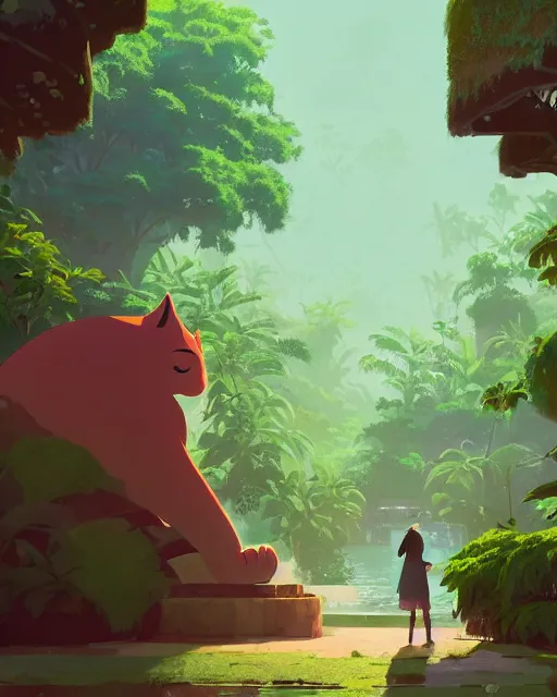 Prompt: a big cat guarding the entrance to a temple, lush vegetation, waterfalls, cory loftis, james gilleard, atey ghailan, makoto shinkai, goro fujita, character art, rim light, exquisite lighting, clear focus, very coherent, plain background, soft painting