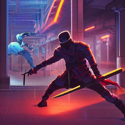 Prompt: ninja cyborgs katana duel in cybercity, after dark, poster by michael whelan and gilbert williams and evgeny lushpin and artgerm and alena aenami, 3 0 mm, highly detailed