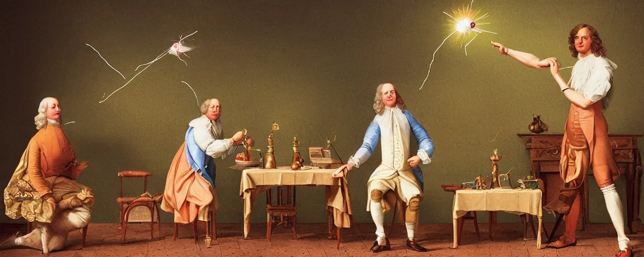 Image similar to sir isaac newton dispersing a prism with spaghetti, 1 7 0 0 s, kodachrome, in the style of wes anderson, retro