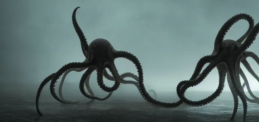 Image similar to an octopus in the shape of a skull, foggy, cinematic shot, photo still from movie by denis villeneuve, wayne barlowe