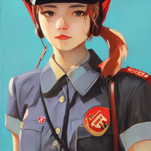 Image similar to oil paining of twentytwo year old female character with ( ( ( cat ears ) ) ) wearing soviet era uniform, wearing a tshirt with a face of karl marx on it, in the style of krenz cushart