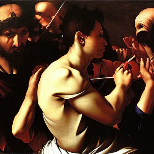 Prompt: Painting by Caravaggio. Video game tournament