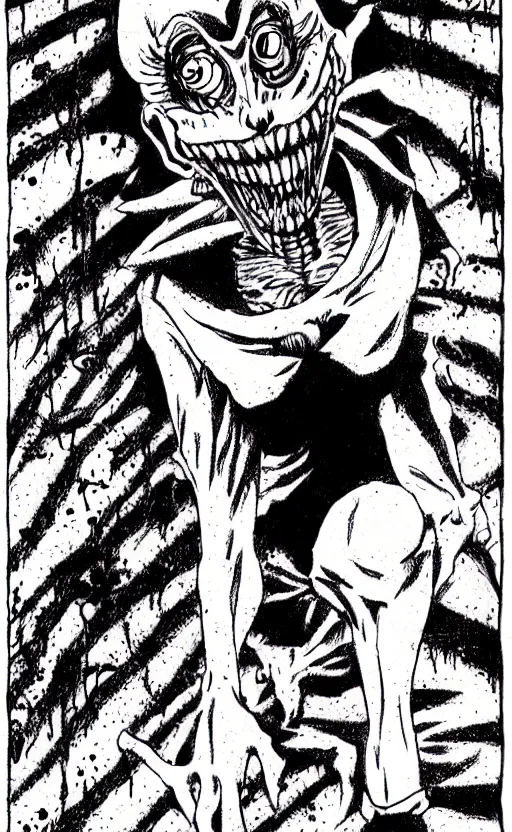 Image similar to full body portrait of villainous jester, dark, twisted, manga, comic, by junji ito. twisted. horror.