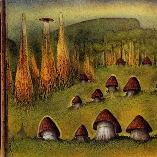 Image similar to a fairytale landscape with mushroom houses, in the style of John Bauer,