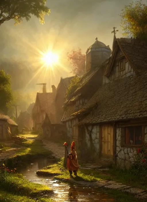 Image similar to small poor medieval village, mist, sunrays, dust in the air, dnd character, unreal engine, octane render, dramatic lighting, pond, digital art, by stanley artgerm lau, greg rutkowski, thomas kindkade, alphonse mucha, loish, norman rockwell,