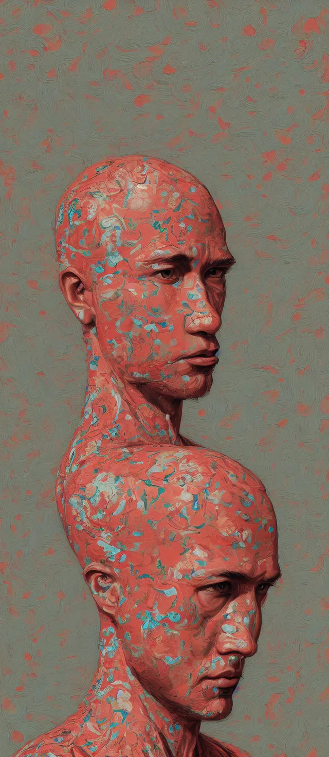 Image similar to man by james jean, high quality masterpiece painted, detailed patterned background, 4 k, trending on artstation, octane render,