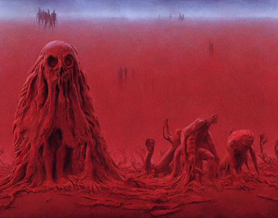 Image similar to A nightmarish hellscape as a result of climate change and corruption by worldwide politicians, by Zdzisław Beksiński and Greg Rutkowski, horror, blood red, cinematic, highly detailed, 8k