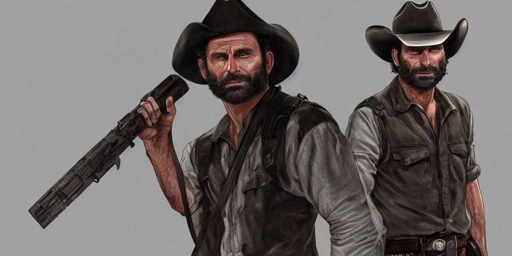 Image similar to highly detailed photo of rick grimes wearing a cowboy hat, digital painting, trending on artstation, high resolution, transparent background