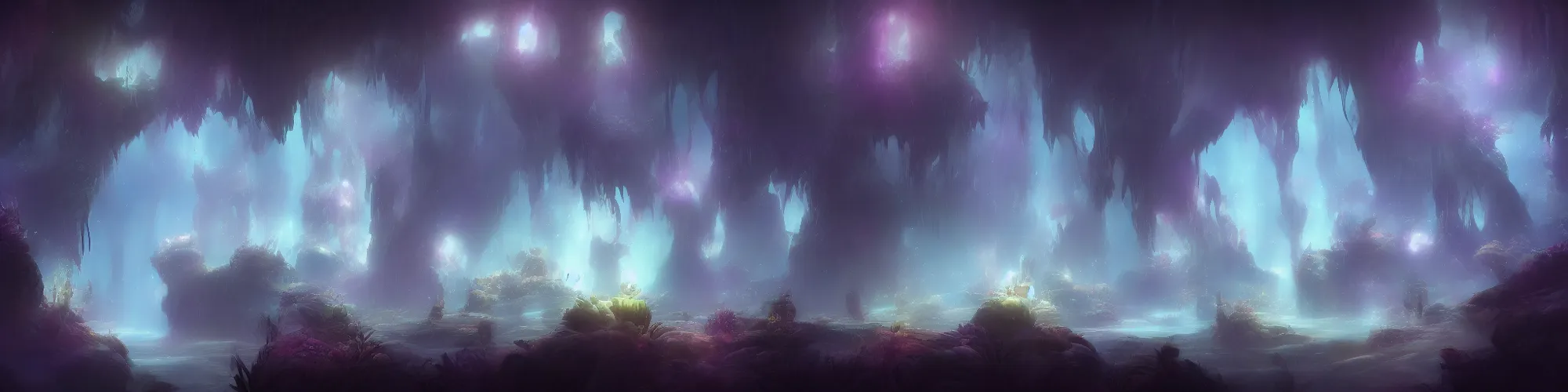 Prompt: huge crystal cave with cinematic lighting in the style of ori and the blind forest, highly detailed, digital art 4k, 8k