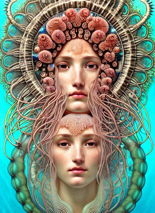 Prompt: hyperrealistic detailed underwater face portrait of the beautiful goddess of the jellyfish with an intricate headgear of corals, sea kelp, sea plants, fish, starfish, jellyfish, art by ernst haeckel, john william godward, android jones, alphonso mucha, gothic - cyberpunk, ornamental, beautiful deep colours,