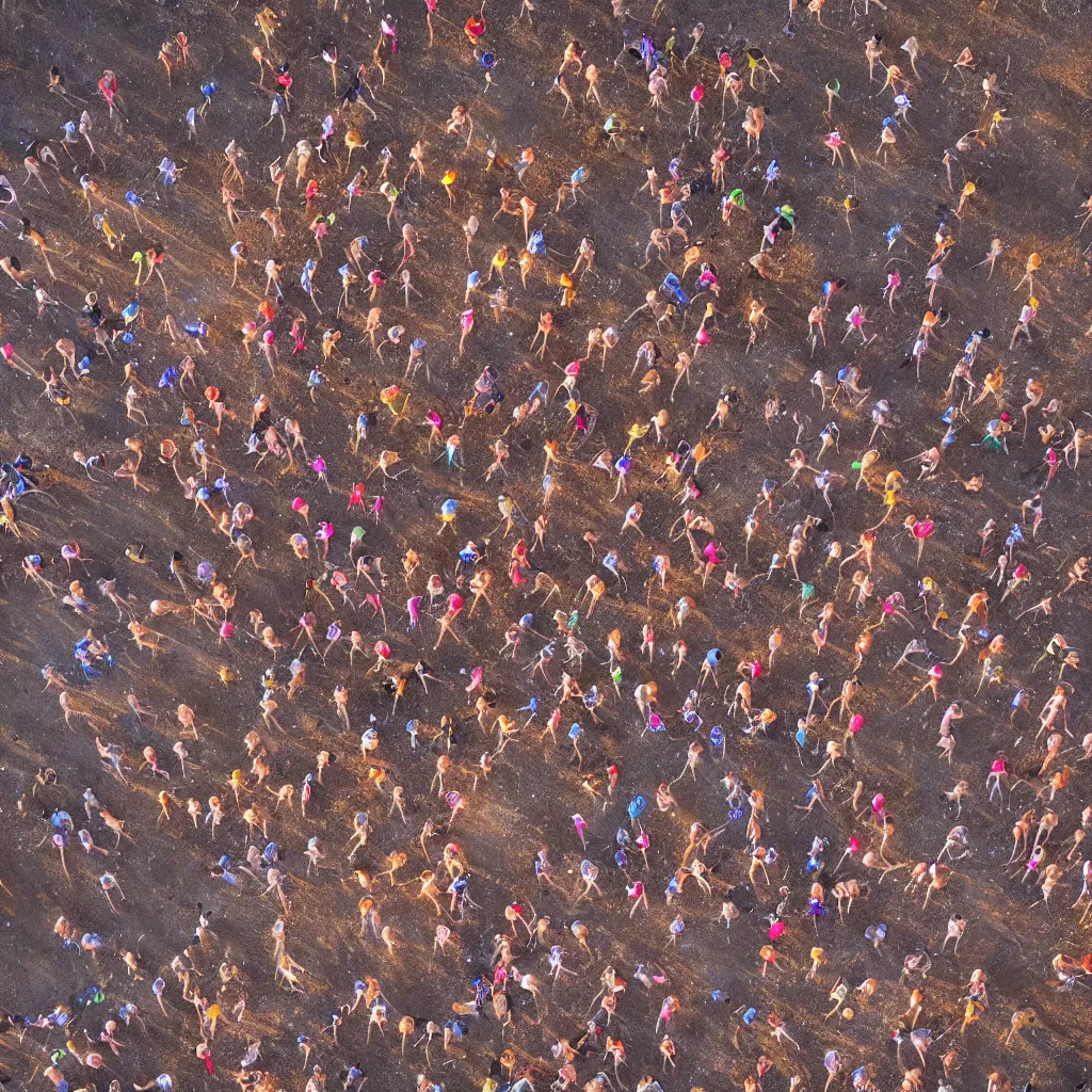 Prompt: stunning night aerial photograph of dancers on the edge of the red australian desert, bonfire, accurate bodies, campsites, diverse costumes, 8 k, ultra clear detailed