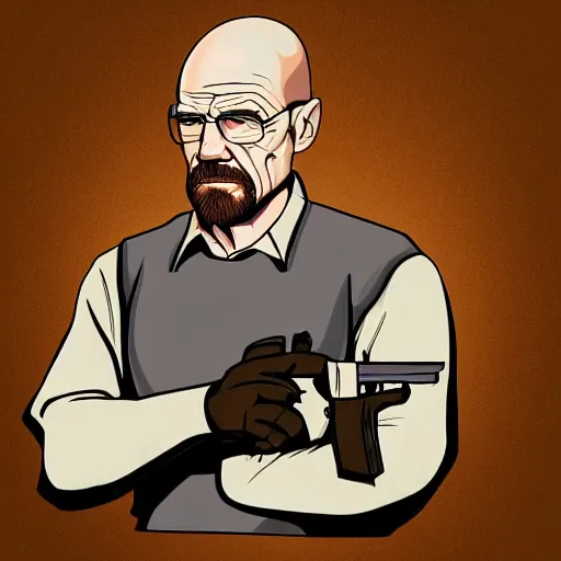 Image similar to Walter White pointing a revolver at right side, accurate anatomy, highly detailed, digital art