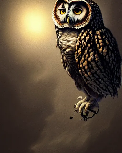 Prompt: an extremely detailed masterpiece painting of a fammulated owl looking down, in the style of brian froud, brian despain, brian bolland, digital art, unreal engine, volumetric lighting, dark moody lighting, trending on artstation, photorealistic, epic scene