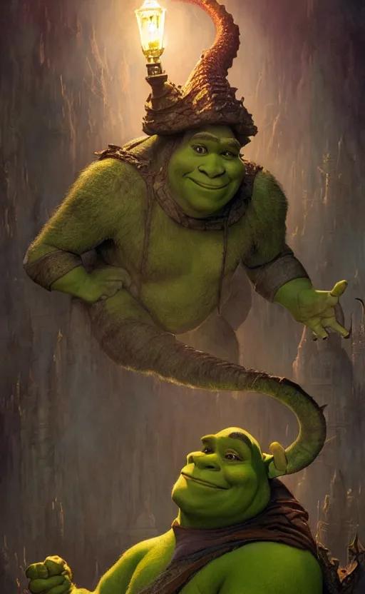 Image similar to shrek dragon gorgeous lighting by weta studio, mucha, bautista and norman rockwell and greg rutkowski and tom bagshaw and james gurney and lucasfilm