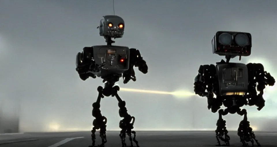 Image similar to movie still johnny 5 from short circuit vs the terminator endoskeleton, cinematic lighting, epic composition, film grain,