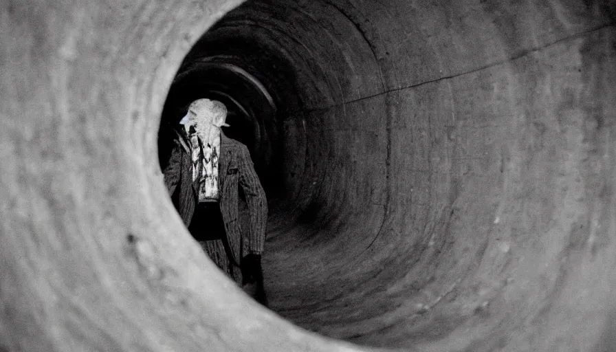 Image similar to 50s movie still close-up portrait of a skinny old man with a taxidermic bloody jaws and esoteric dress in a liminal space style tunnel, early black and white 8mm, heavy grain, low quality,