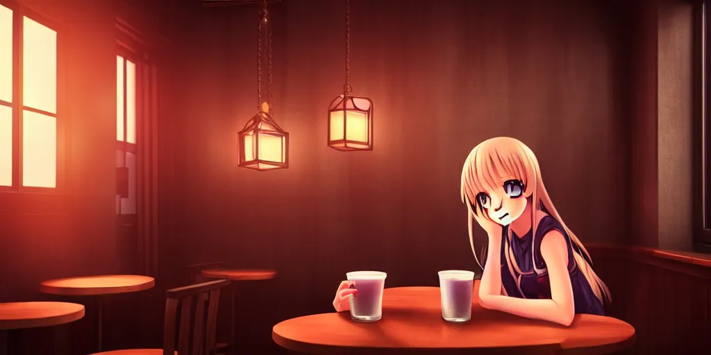 Prompt: anime girl sitting and drinking in a cozy bar,, volumetric lighting, symmetrical face, detailed face, hyper real, pencil art, moody lighting, cute, comfy