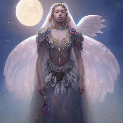 Image similar to A beautiful digital painting of a female Seraphim full of jewels, princess, the moon behind her, intricate, cinematic lighting, highly detailed, digital painting, Artstation, concept art, smooth, sharp focus, illustration, art by Tom Bagshaw, Artgerm and Greg Rutkowski