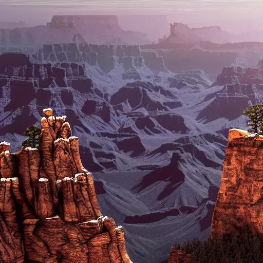 Image similar to dark gothic palace made of rock with tall spires, bristlecone pine trees, grand canyon, ultrawide cinematic 3d render, dark dramatic skies, atmospheric, vultures