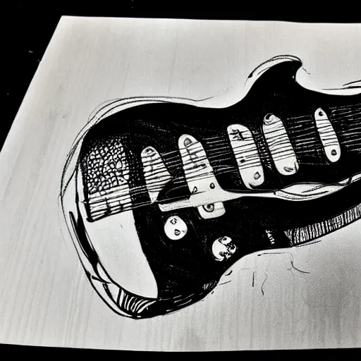 Image similar to sketch of a prototype concept design electric guitar, blade runner style,