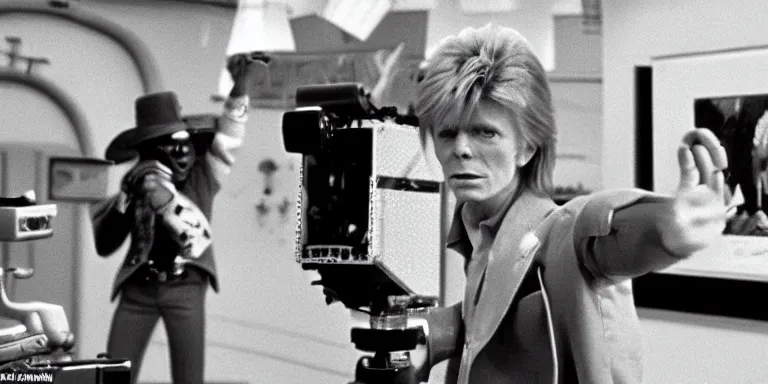 Prompt: Cinematography of Heroes era David Bowie in 1981 shot on a 9.8mm wide angle lens on the set of The Muppet Movie