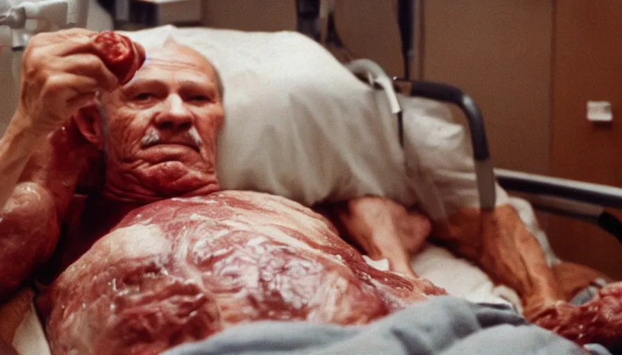 Image similar to 7 0 s movie still of a old meat man in the hospital, cinestill 8 0 0 t 3 5 mm eastmancolor, heavy grain, high quality, high detail