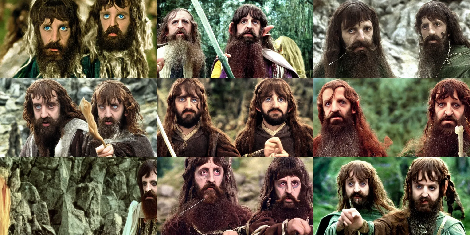 Prompt: A full color still of young Ringo Star in wizard makeup and costume with a long beard, in The Lord of the Rings directed by Stanley Kubrick,