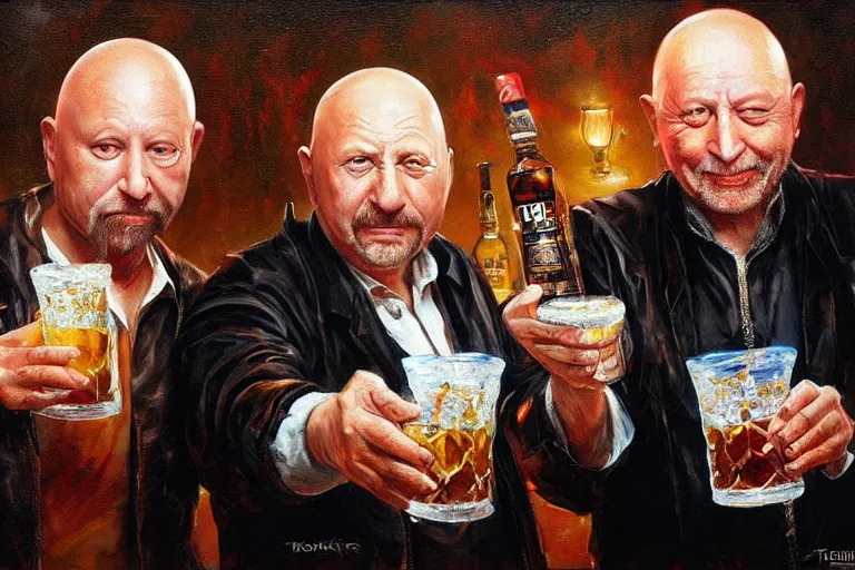 Image similar to portrait of tom atkins and donald pleasents drinking tequila shots, an oil painting by ross tran and thomas kincade