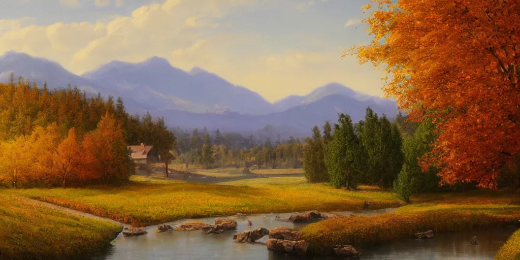 Image similar to A painting of winery in autumn, with a river winding through them. In the distance, there are mountains. by bob ross, Albert Bierstadt, immaculate scale, hyper-realistic, trending on Artstation, 8k, detailed, atmospheric, immaculate