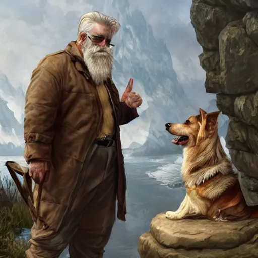 Image similar to portrait of a old, ruggedly handsome bearded man next to a corgi dog, soft hair, muscular, half body, cloth, d & d, fantasy, intricate, elegant, highly detailed, digital painting, artstation, concept art, smooth, sharp focus, illustration, art by artgerm and greg rutkowski and alphonse mucha