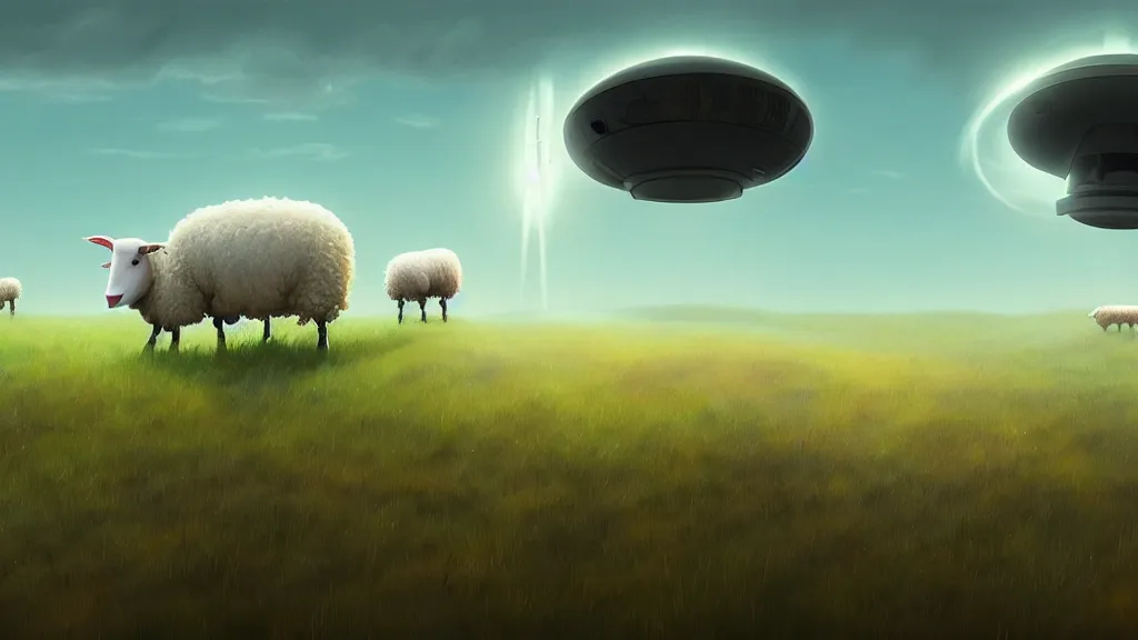 Prompt: sheep in a field being abducted by a ufo!, horror cartoon, highly detailed, digital painting, artstation, concept art, smooth, sharp focus, illustration, art by beeple and tooth wu and wlop