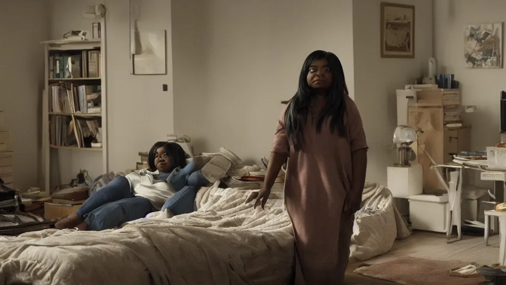 Image similar to Octavia Spencer alone in her studio apartment, moody, sad scene from the movie Pt Anderson, she takes to her friend in a virtual world, art house, award winning film, 3D rendered lighting, stunning cinematography by Hoyte van Hoytema