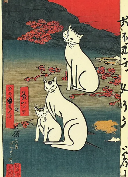 Prompt: whitecat with 2 baby white cats of utagawa hiroshige