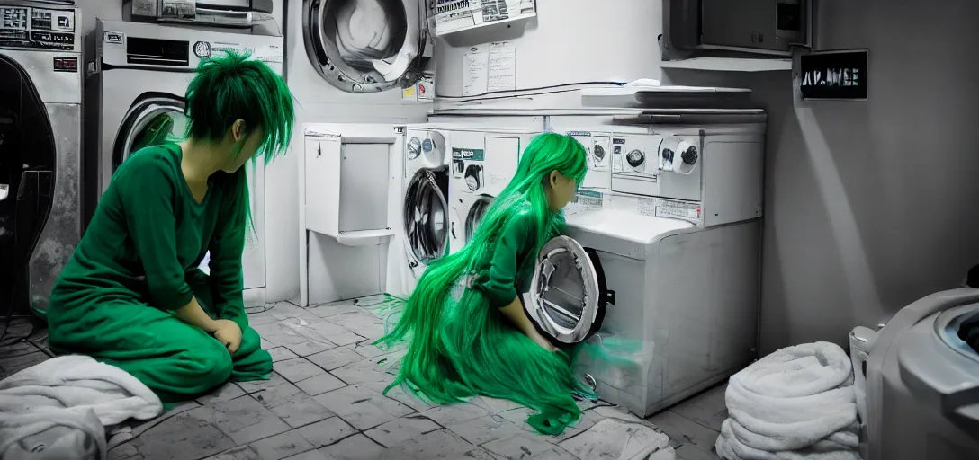 Image similar to a girl with green hair sitting on top of a washing machine inside of a laundromat by Hayao Miyazaki