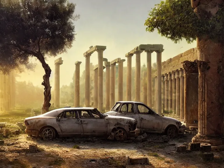 Image similar to a tree growing on a scrap car in ancient greek ruins, gray wasteland, many scrap cars, overgrown, pillars and arches, vines, hyperrealistic, highly detailed, cinematic, ray of golden sunlight, beautiful, cgsociety, artstation, 8 k, oil painting by greg rutkowski, by artgerm, by wlop