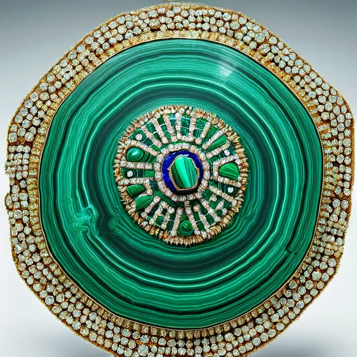 Image similar to photograph of a real-life malachite shield with jewels. Extremely detailed. 8k