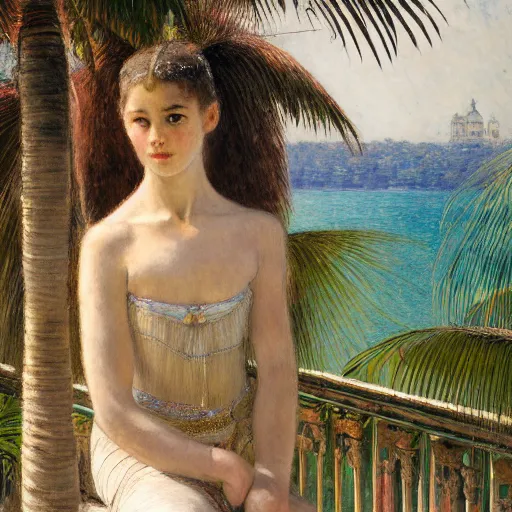 Prompt: a ultradetailed beautiful painting of a ballerina in the amazonas palace balustrade designed by jules bastien - lepage, hans belmer, frank weston and gustave baumann, beach, trending on artstation, mediterranean, palm trees, refracted color sparkles, sharp focus, soft light, 8 k 4 k