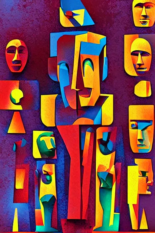 Image similar to cubist moai statue cutout digital illustration cartoon colorful beeple